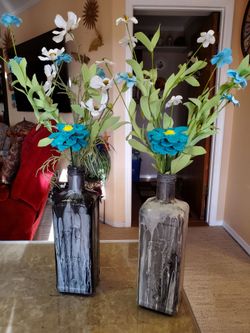 Hand painted acrylic pour Olive oil bottles, black, white, Gray