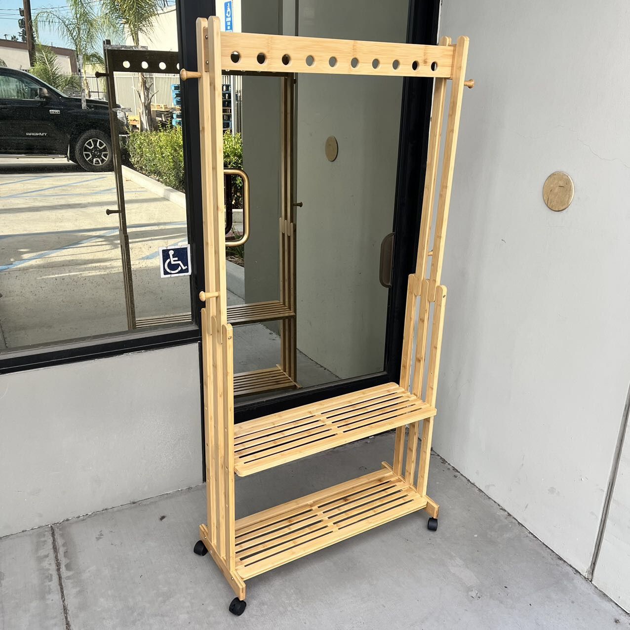 New In Box 36x13x66 Inch Tall Bamboo Garment Clothing Hanging With 2 Tier Shoe Shelf Rack