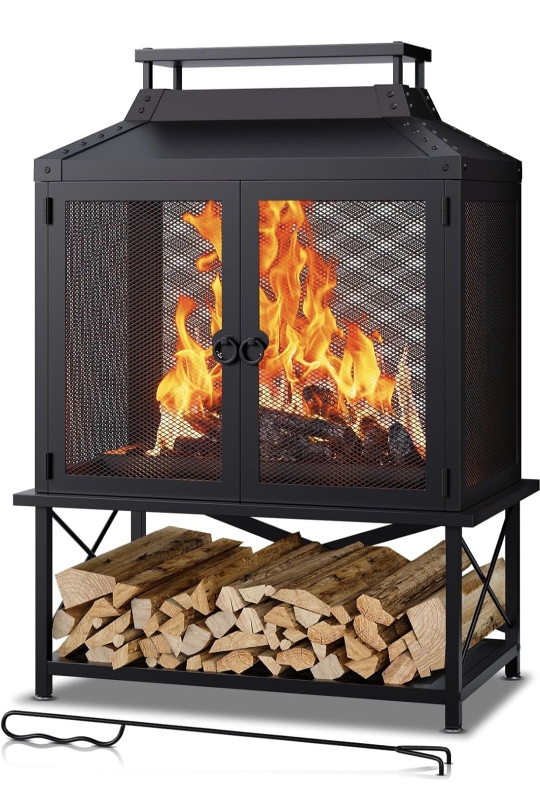 Metal Outdoor Fireplace for Patio - 39" H Square Chiminea Fire Pits Outside Wood Burning with Grill, Mesh Spark Screen & Fire Poker, for Garden, Backy