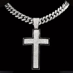 3-Pcs Fully Iced 14K White Gold Plated Cubic Zirconia Large Cross 20 Inches Cuban Chain Pendant Necklace And Bracelet Set 