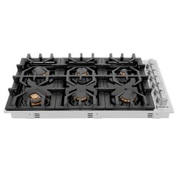 ZLINE 36 in. Gas Cooktop with 6 Brass Burners and Black Porcelain Top