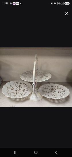 3 Tier Painted White Metal Folding Serving Dessert Tray Filigree Design Vintage