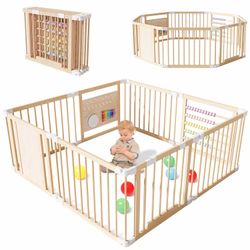Wooden Playpen, Extra Large for Toddlers and Babies, Foldable Baby Playpen, Baby Fence Play Area with Gate, Kid Play Yard, Adjustable Size & Shape,63”