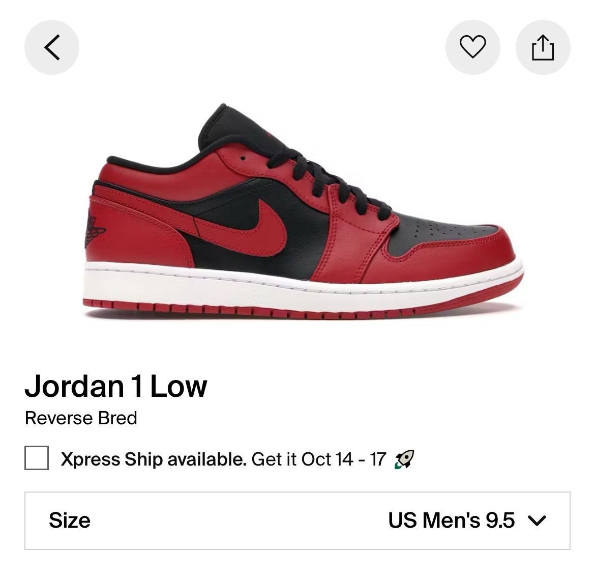 Nike Air Jordan 1 Low Reverse Bred Sz 9.5