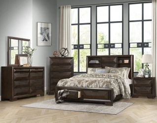 Brand new brown storage bookcase queen bed frame + dresser + mirror + nightstand