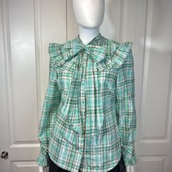 Macy’s Charter plaid mint and brown metallic frilly button-up blouse shirt