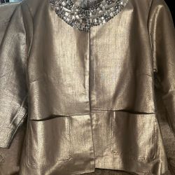 Chicos 25 Anniversary Gold Leather Jacket With Embellishing Collar 