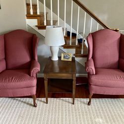 Two Armchairs (White Covers Included, but Red Chairs)