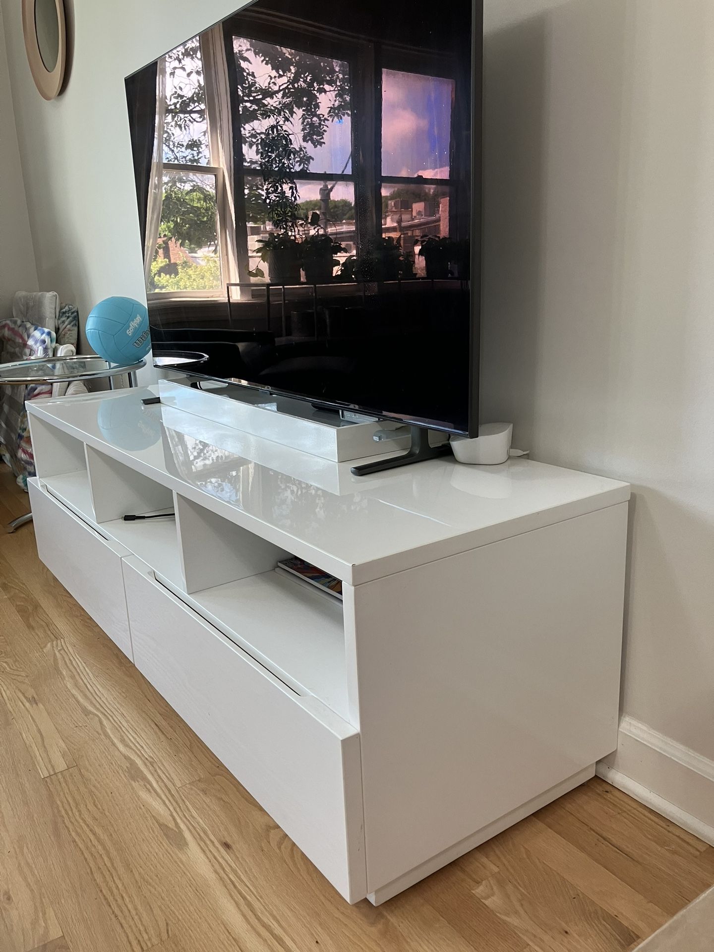 CB2 Chill 60" White High-Gloss Media Console Bookcase TV stand Bookshelves Tv Cabinet Dresser Storage Drawer Display Storage Tv Cabinet CAN UNASSEMBL