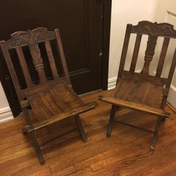 2 Unique Wooden Folding Chairs w/ Hand Carving
