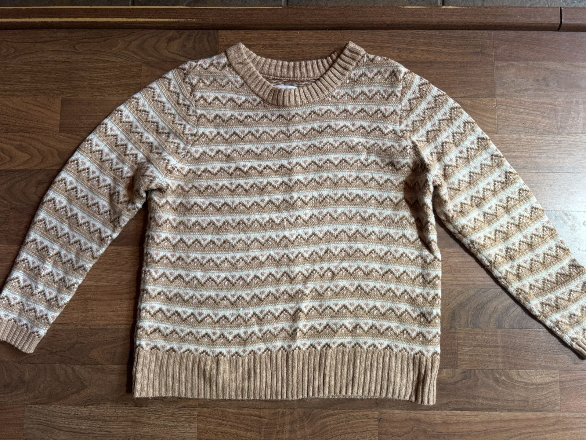 Croft & Barrow Fair Isle Crewneck Sweater Cream Tan Pink Cottagecore Size XL
