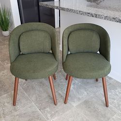 Olive Green Chenille Fabric Dining Chairs, 18" Seat Height, Stylish Hollowed-out Design, Lumbar Pillows Included, Walnut Color Solid Wood Legs