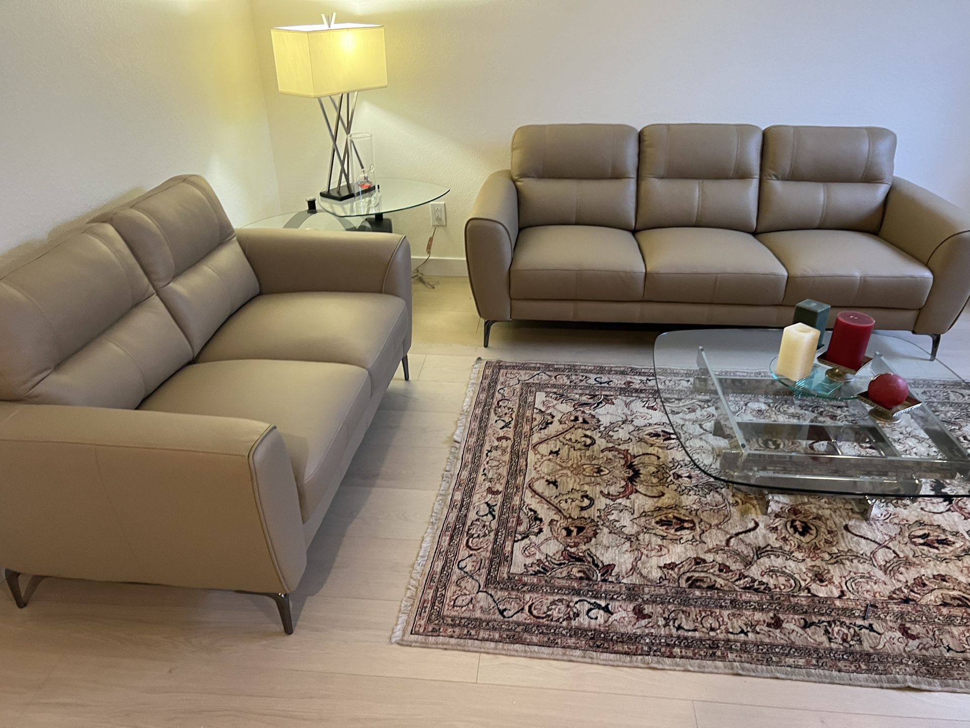 New Top Grain Leather Couch / Love Seat.  Beige Or Grey.  60”x37”x34”H; 82”x37”x34”H.  Free Delivery!