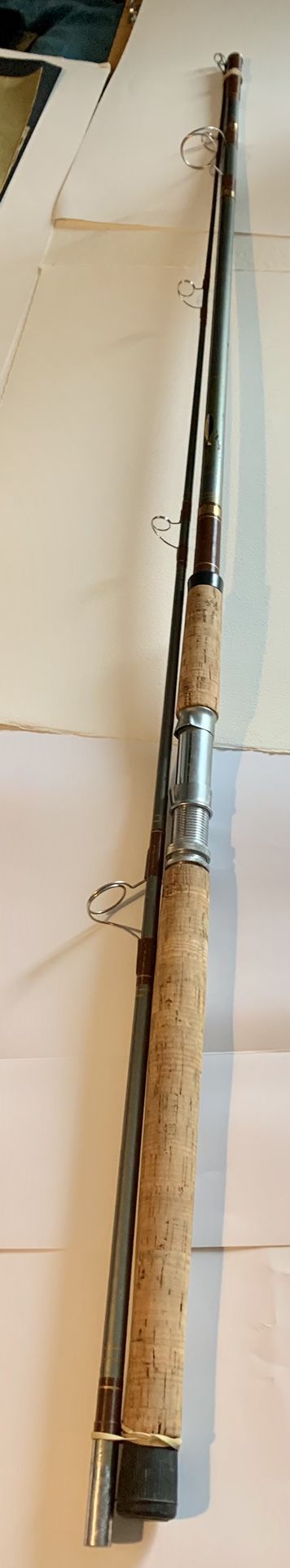 Vintage Roddymatic 9’ foot Surfcasting Rod 910 N , 2 piece Made in USA, list price 24.95 Long Cork grips and eyelets are in VG condition