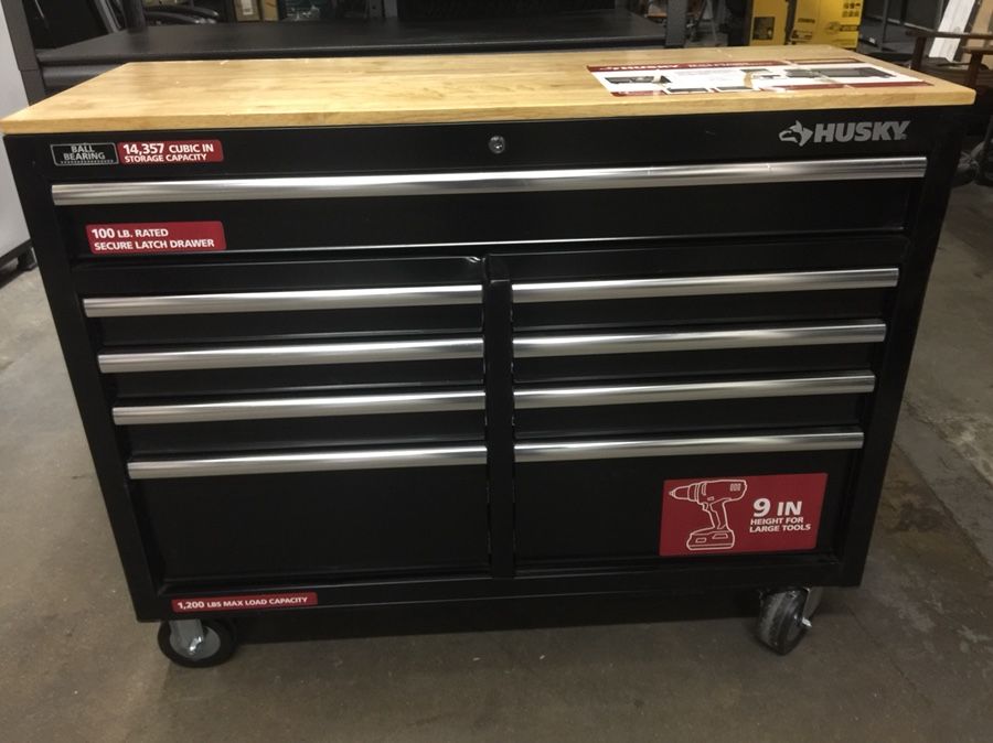 Husky 46 in. 9Drawer Mobile Workbench with Solid Wood Top for Sale in