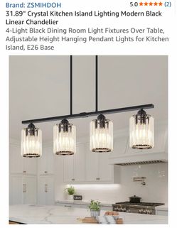 31.89'' Crystal Kitchen Island Lighting Modern Black Linear Chandelier 4-Light Black Dining Room Light Fixtures Over Table, Adjustable Height Hanging