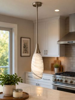 Modern Brushed Nickel Pendant Light w/ Marble Swirl Glass Shade – Adjustable Height