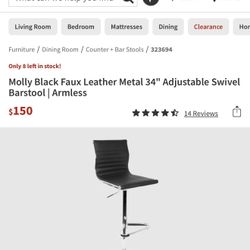 Set of 4 Living Spaces Molly Black Faux Leather Metal 34" Adjustable Swivel Barstool | Armless
