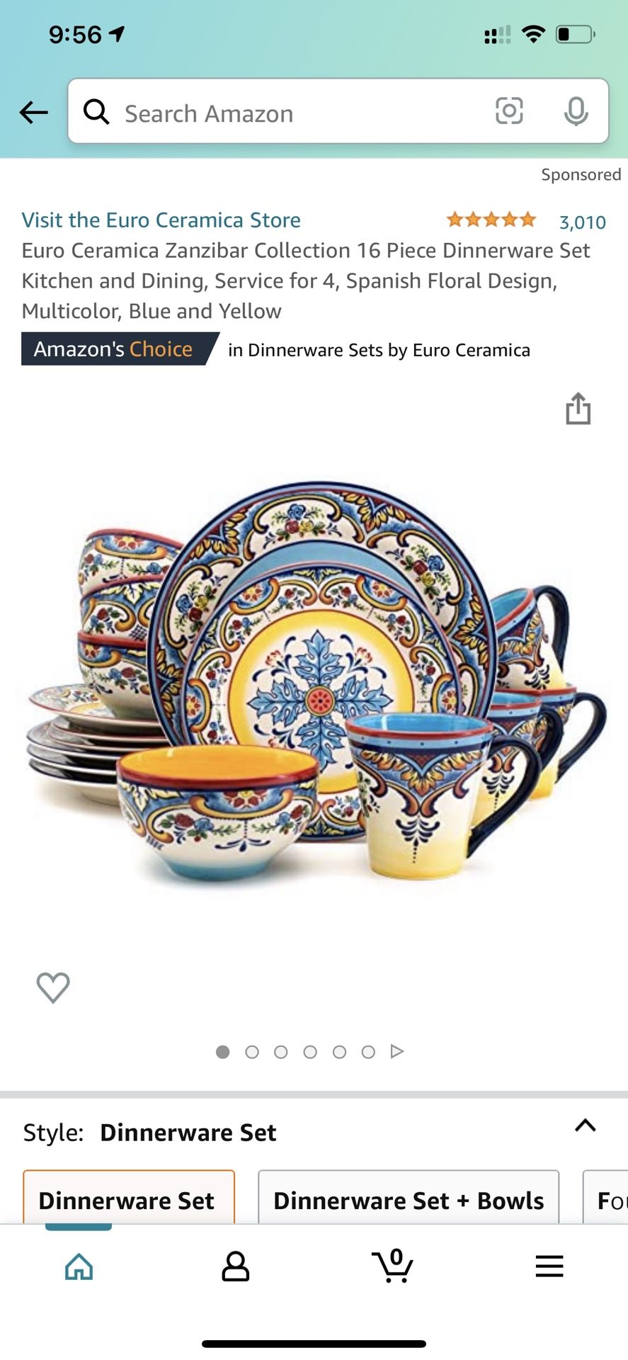 Euro Ceramica Zanzibar Collection 16 Piece Dinnerware Set Kitchen and Dining, Service for 4, Spanish Floral Design, Multicolor, Blue and Yellow
