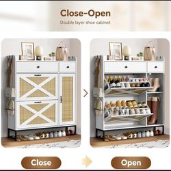 White Rattan Shoe Cabinet w/ Drawers & Boot Storage