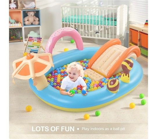 Hesung Inflatable Play Center, 98'' x 67'' x 32'' Kids Pool with Slide for Garden, Backyard Water Park, Colorful

