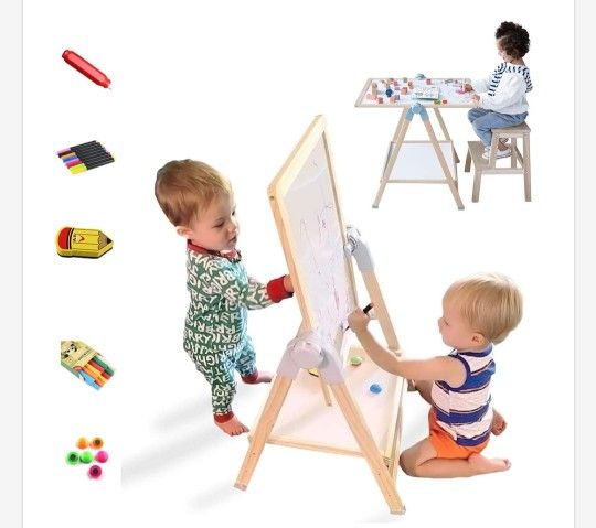 QZMTOY Kids Art Easel, Deluxe Standing Easel Set, Adjustable Art Table, Dry Erase Board&Chalkboard Double Sided Stand, 360°Rotating Drawing