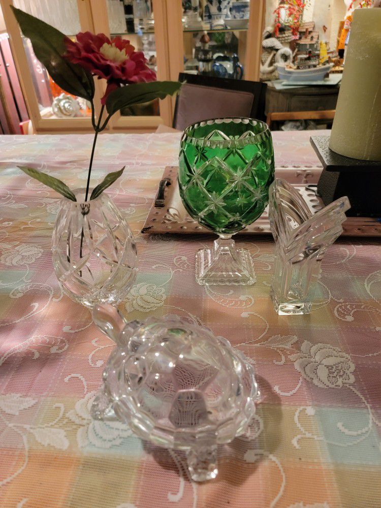 crystal turtle $5 nice small vases $5 green crystal $5 