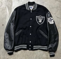 Vintage 90’s NFL Raiders Wool + Leather-Sleeve DeLong Varsity Jacket L