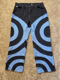 Y2K The Ragged Priest Two Tone Black and Blue Swirl Wide Baggy Jeans Size 36
