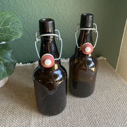 Set of Brown Glass 16 oz Swing Top Beer Bottles with Cap, Long Neck Style