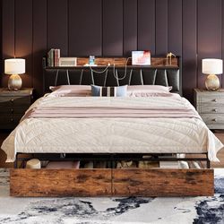 Queen Bed Frame, Storage Headboard with Charging Station, Platform Bed with Drawers, CAPACITY 2200lb
