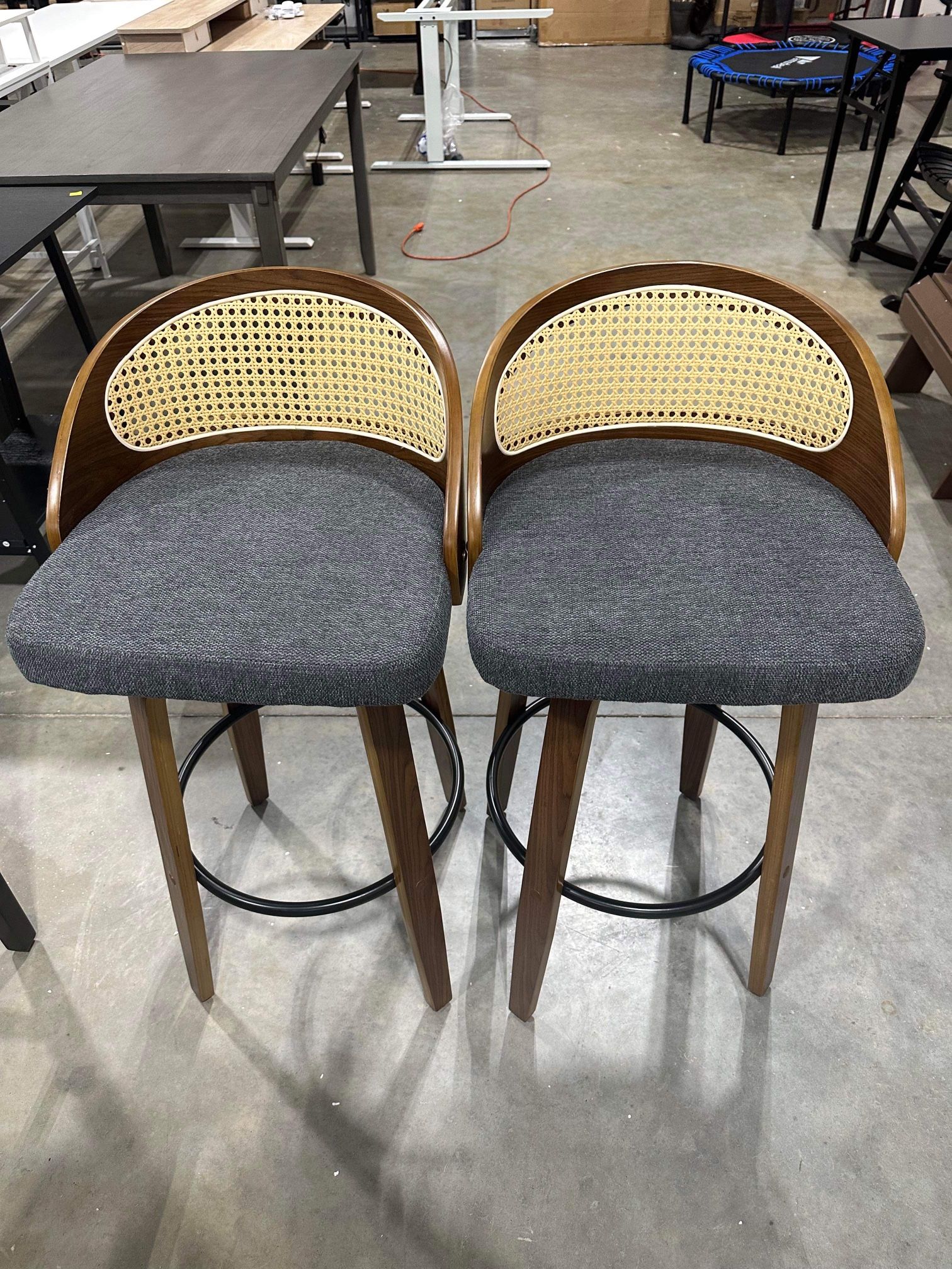 30" Swivel Rattan Bar Stools Set of 2,Mid-Century Modern Gray Linen Fabric Upholstered Counter Height Stools,Kitchen Island Barstools with Rattan Low 