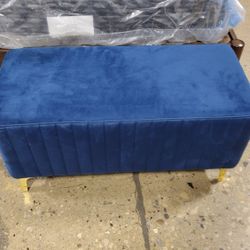 Blue Velvet Ottoman With Gold Legs (New)