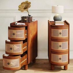 New assembled set of 2 Solid Wood End Table, 3-Drawer Rattan Side Table, Night Stand with 3 Rattan Drawers and Exquisite Embossed Handles for Living R