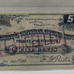 1898 5¢ Produce Bishop's General Store House Scrip - Salt Lake City UT Mormon