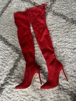 Red velvet knee online high boots