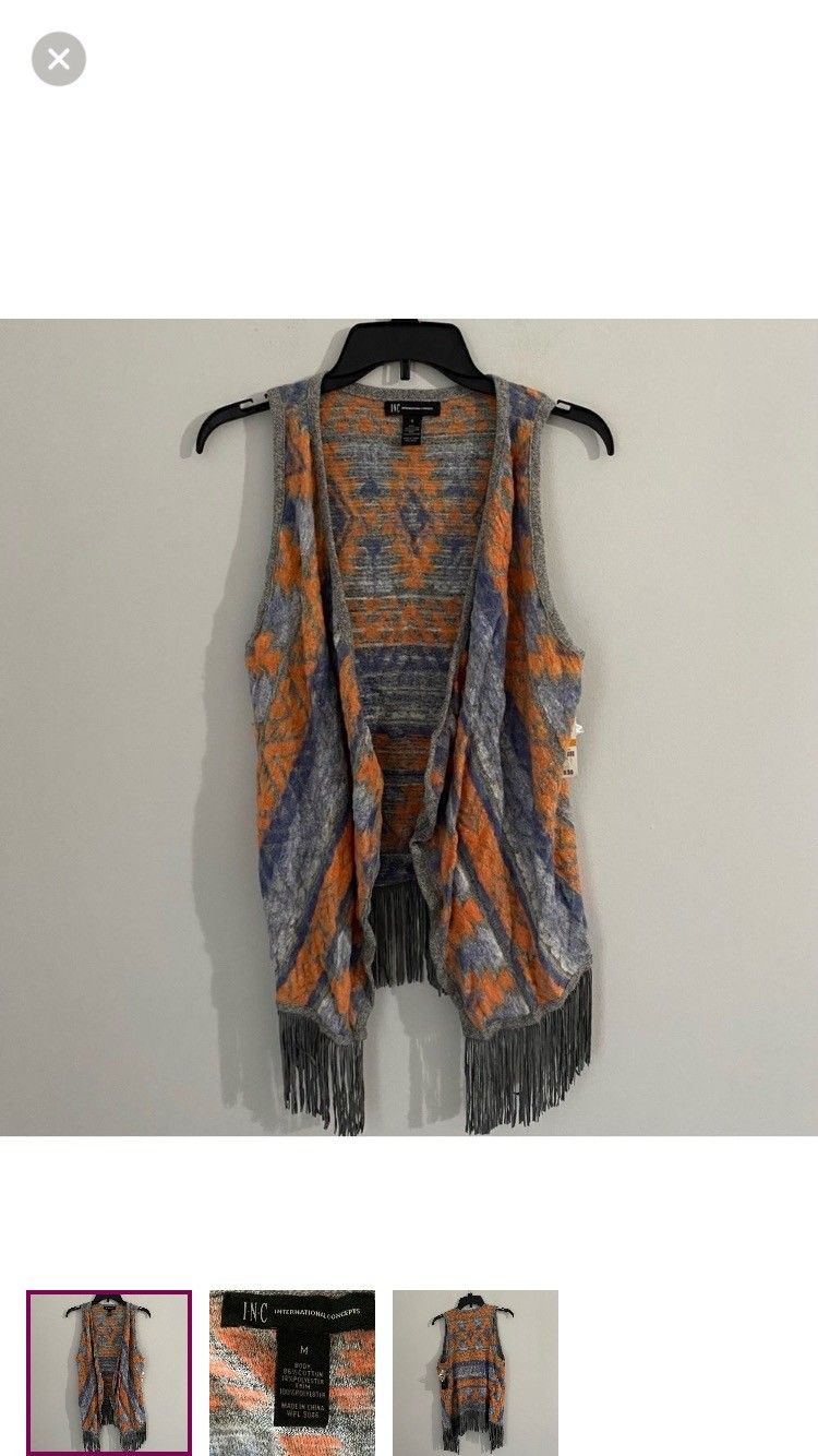 INC International Concepts Orange and Gray Fringe Vest Size M