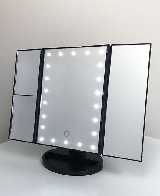(New in box) $20 each Tri-fold LED Vanity Makeup 13.5”x9.5” Beauty Mirror Touch Screen Light up Magnifying