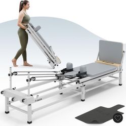 Pilates Reformer, 91" Foldable Reformer Pilates Machine with Adjustable Height, Piano Wire Springs & Jump Board(PR06 with BOX,Grey)