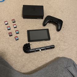 nintendo switch with games, tv dock, custom dock attachment to hold games and charge joycons, custom 8bitdo controller