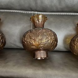 3 Large beautiful Vintage glass raised floral design Amber hurricane lamp shades (replacements)