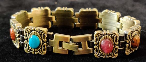 Vintage Jewelry~ Cabochon Stone Panel Bracelet Bronze Bohemian Elegant