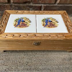 Vintage Carved Wood Jewelry/Trinket Box with Oriental Couple Tile Insets & Red Velvet Lining 
