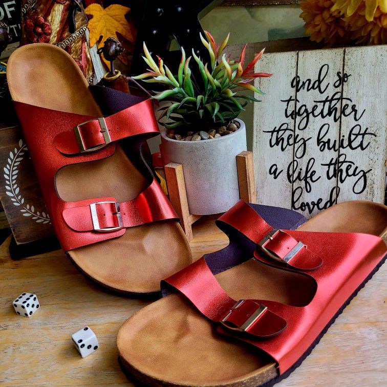 Metallic Red Two Band Sandals 