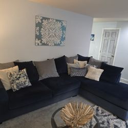 MOVING!!! Living Room Furniture - Sectional Couch with Chaise, BLUE Microfiber LIKE NEW! End Tables and Coffee Table included! 