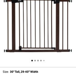 White In Color BABELIO 29-40" Metal Baby Gate with Black Wood Pattern, Auto Close Dog Door for The House、Stairs and Doorways, Pressure Mounted 