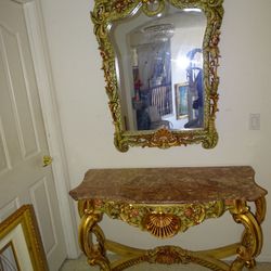2 Pc Italian Marble Table , Vintage Mirror 
