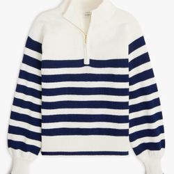 J. Crew Striped half-zip sweater with pearl zipper for women- white with navy blue stripes - sizes small- Brand  New - BV789