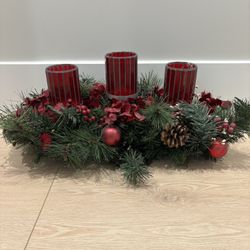 Christmas Garland Centerpiece 3 Candle Holders with Red Ornaments, Table Decor