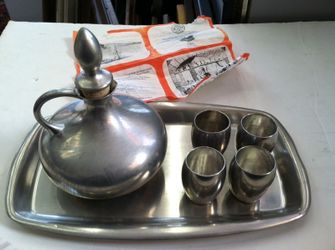 Vintage Royal Holland Pewter Daalderop Finger Cruet with Cork Stopper , 4 Shot Glasses & Tray